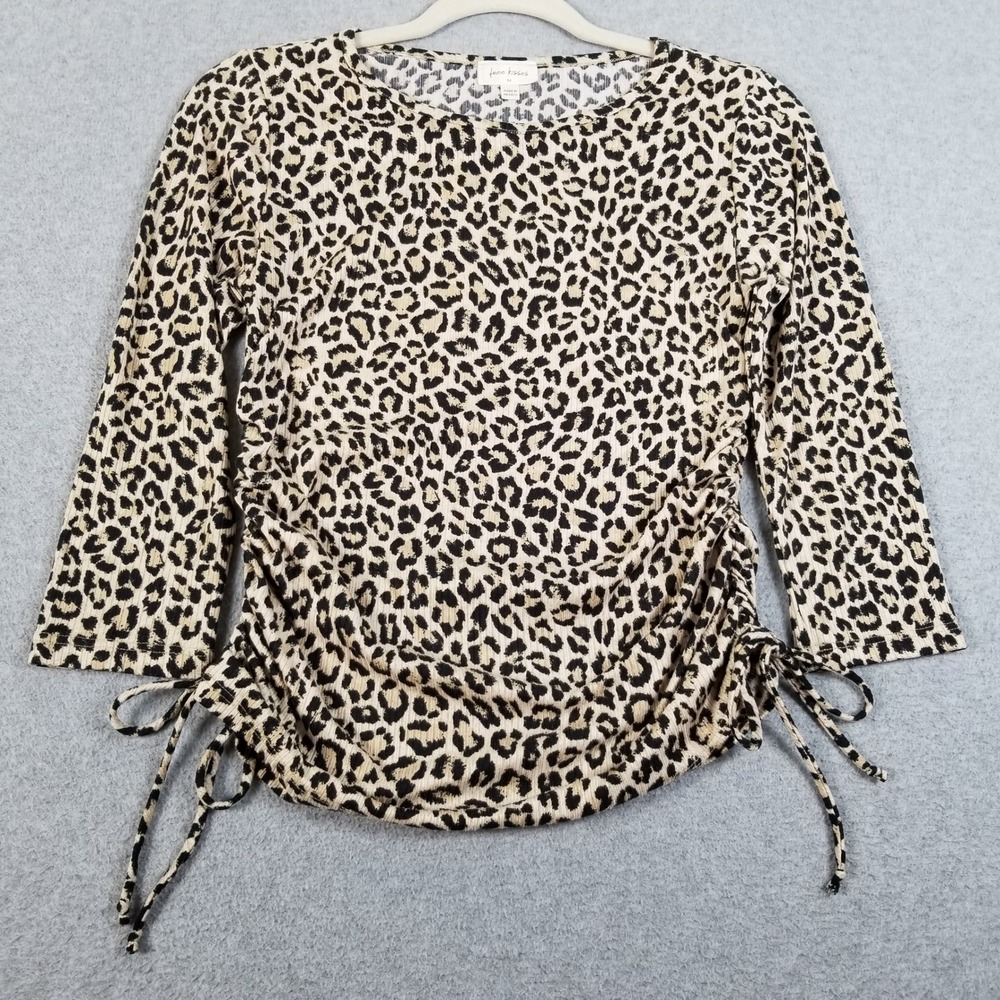 Free Kisses Top Womens Medium M Brown Black Leopard Print Side Ruching Ribbed